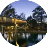 A bridge over a lake at dusk with a contact page.