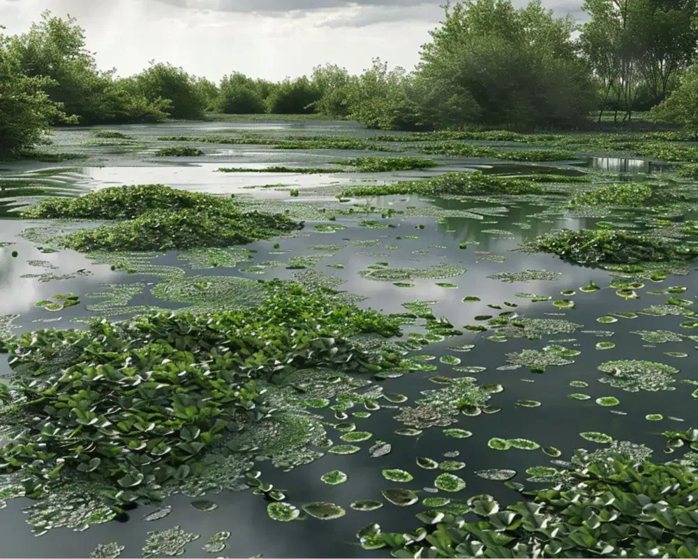 A serene lake with Salvinia molesta aquatic plants floating on the surface, surrounded by lush trees under a cloudy sky, is occasionally disrupted by patches of invasive weed.