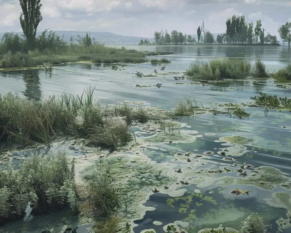 A serene lake with clear water is surrounded by lush vegetation and reeds under a cloudy sky. Islands of greenery and patches of toxic algae float on the water's surface. Trees are visible in the distance.