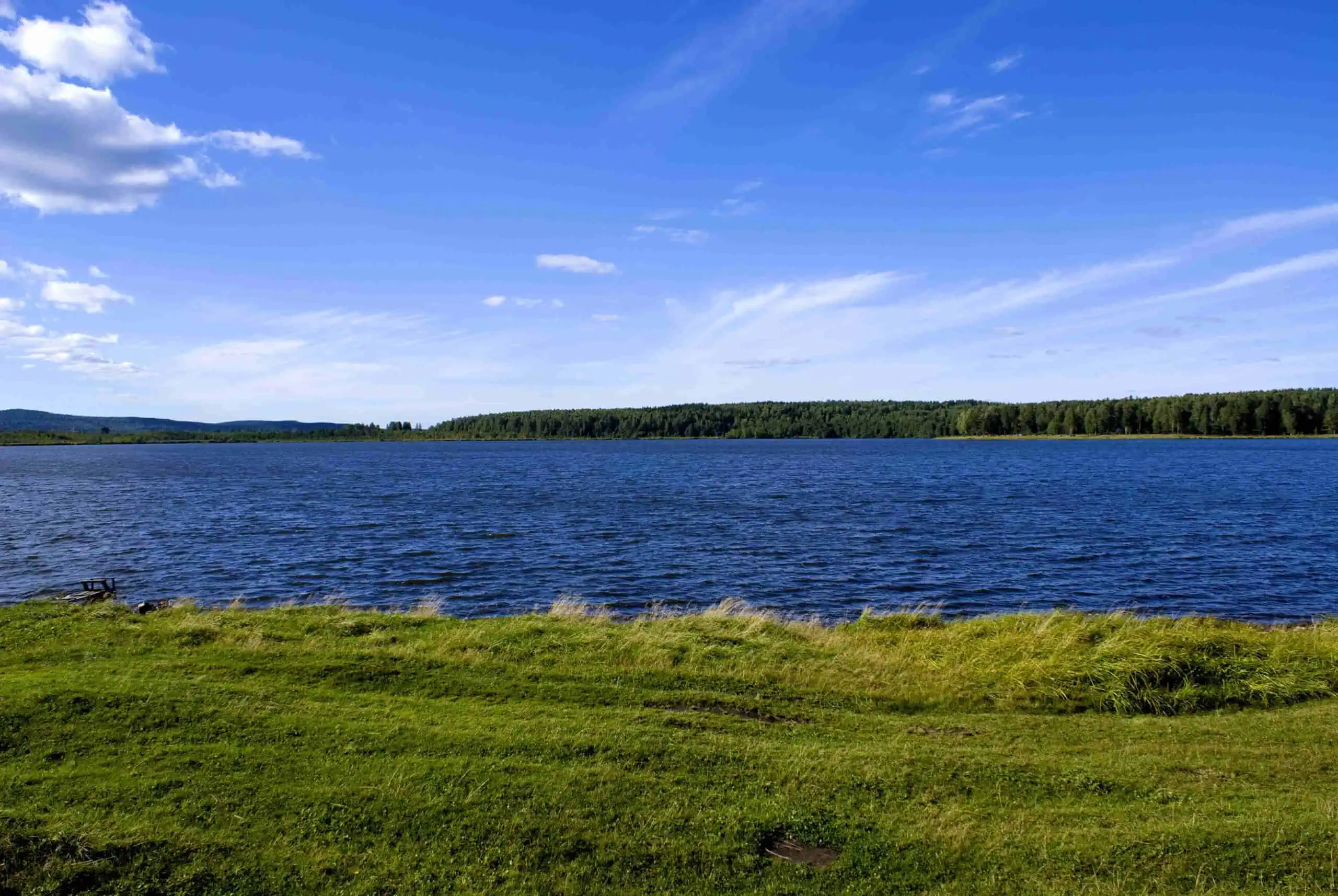 A calm lake with blue water, surrounded by a grassy shoreline and forested hills under a clear blue sky with scattered clouds, showcases effective shoreline management.