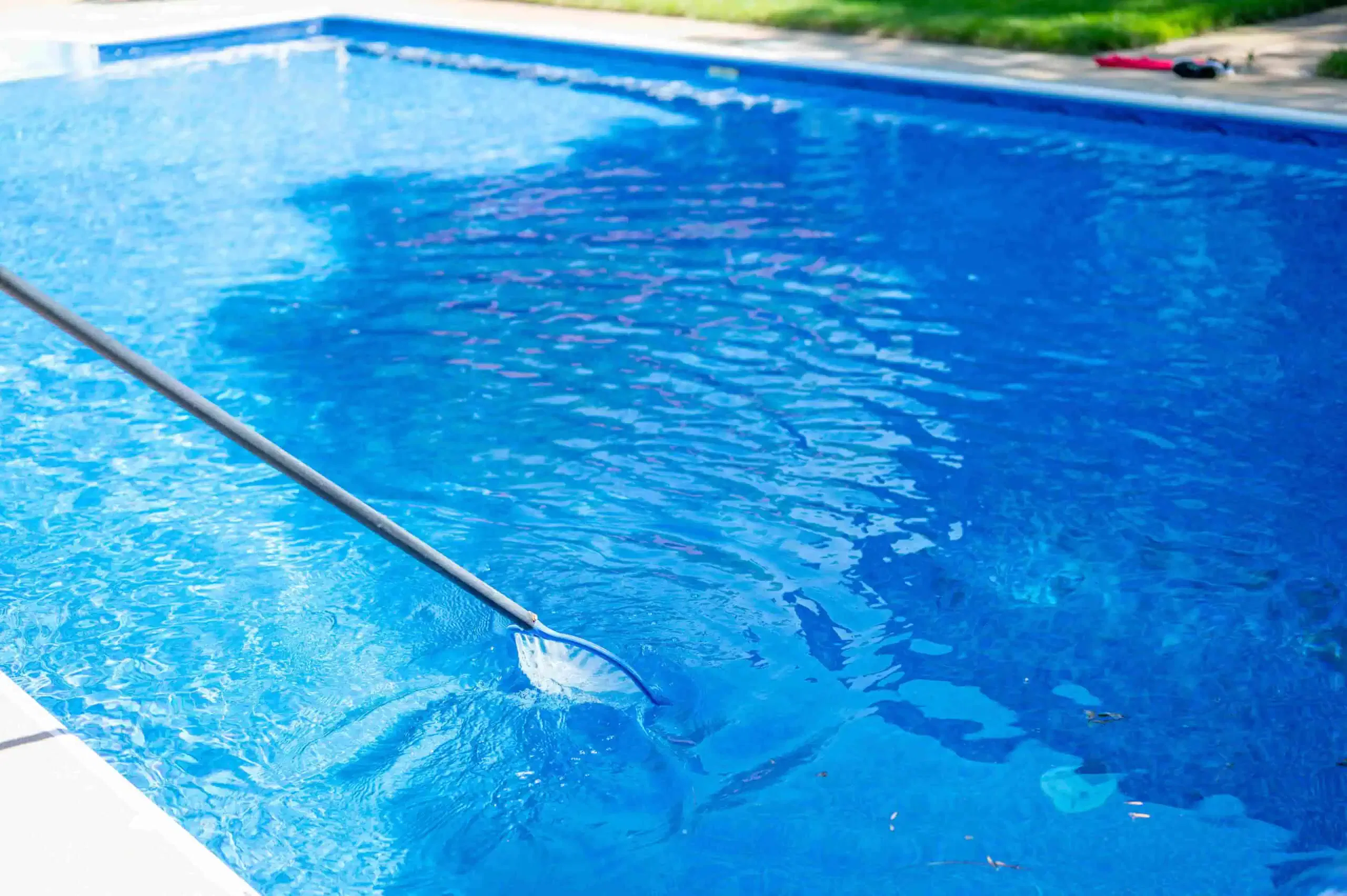 A commercial swimming pool is being cleaned with a skimmer net, expertly capturing debris on the water's surface.