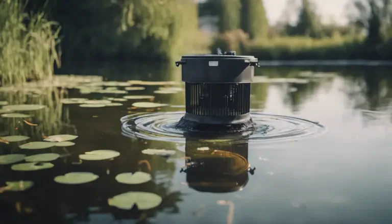 A black floating device is situated on a pond with lily pads and surrounded by greenery in the background.