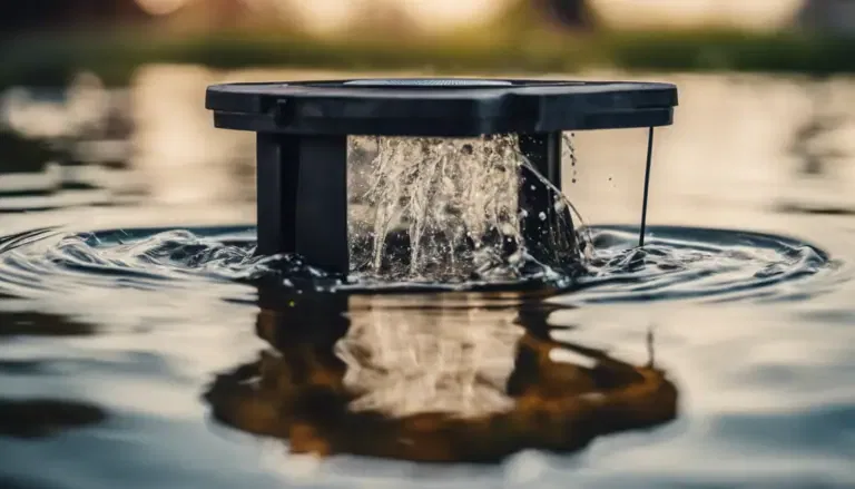 A small fountain emits water gently into a calm pond at sunset.