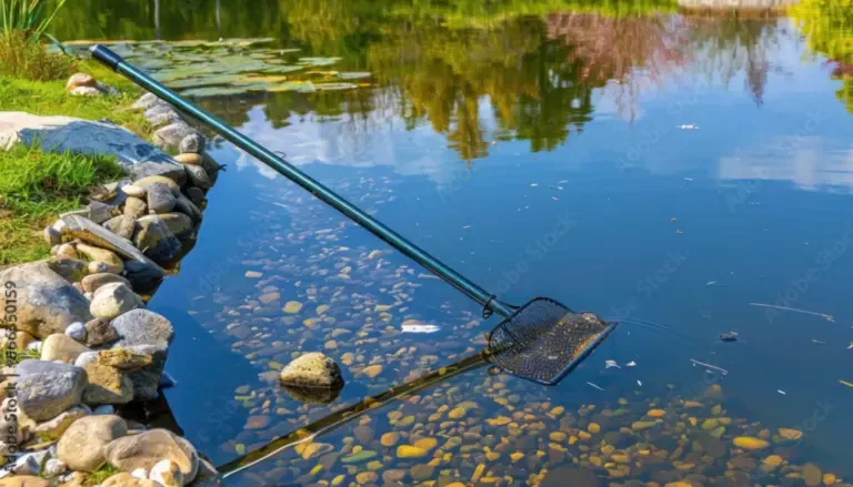 A long-handled net rests against the rocky edge of a clear pond with visible pebbles and lily pads.