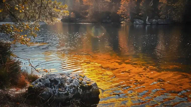 A peaceful lake with sunlight reflecting on the water, surrounded by autumn trees that show the care of nature. A large rock is visible in the foreground, a gentle reminder in these times of drought.