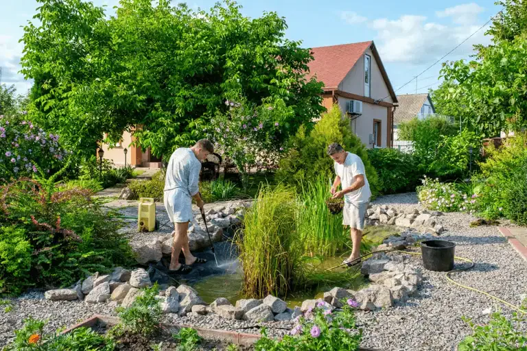 Two people perform pond maintenance and prevent muck as they clean and care for a small garden pond surrounded by rocks and lush plants in a landscaped backyard on a sunny day.