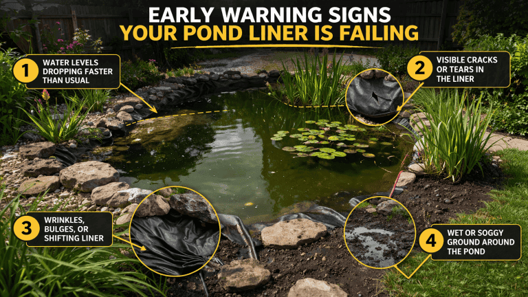 A backyard pond with highlighted signs of poor pond liner durability: dropping water levels, visible liner cracks, wrinkles or bulges in the liner, and wet or soggy ground around the pond.