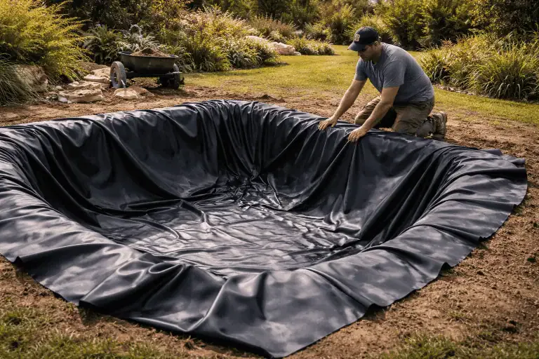 A person installs a black pond liner into a dug-out area in a garden, with a wheelbarrow and plants visible in the background, considering pond liner durability for long-lasting results.