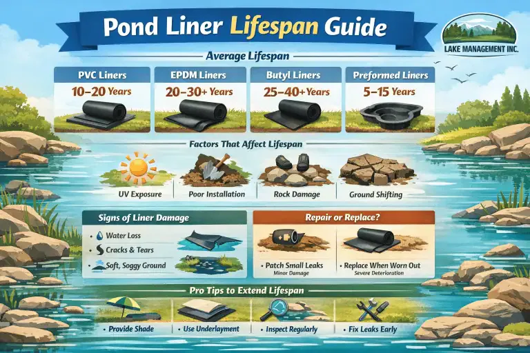 Infographic showing pond liner lifespan by material, factors affecting pond liner durability, signs of damage, repair or replacement tips, plus pro tips on how long a pond liner lasts and ways to extend its lifespan.