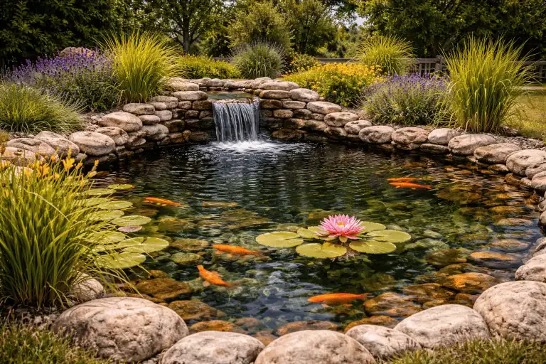 A small garden pond with a stone border, water lilies, orange fish, and a small waterfall—crafted for lasting beauty thanks to excellent pond liner durability—surrounded by green plants and flowering shrubs.