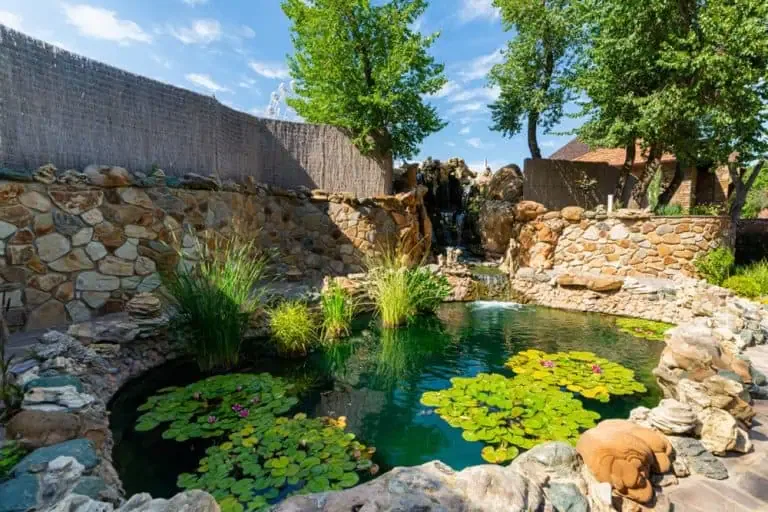 A small pond with lily pads and aquatic plants is surrounded by stone walls and trees, with a waterfall in the background under a blue sky—careful pond smell prevention keeps it fresh and free from common pond odor causes.