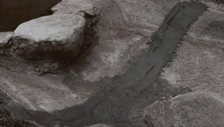 A black and white photo of a rock in a pond.