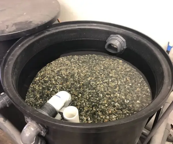 An aquatic bucket filled with gravel and water.