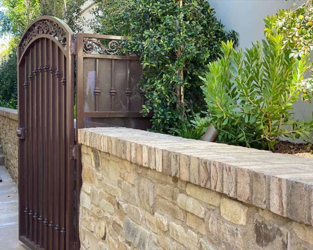 A stone wall with a wooden gate and plants.