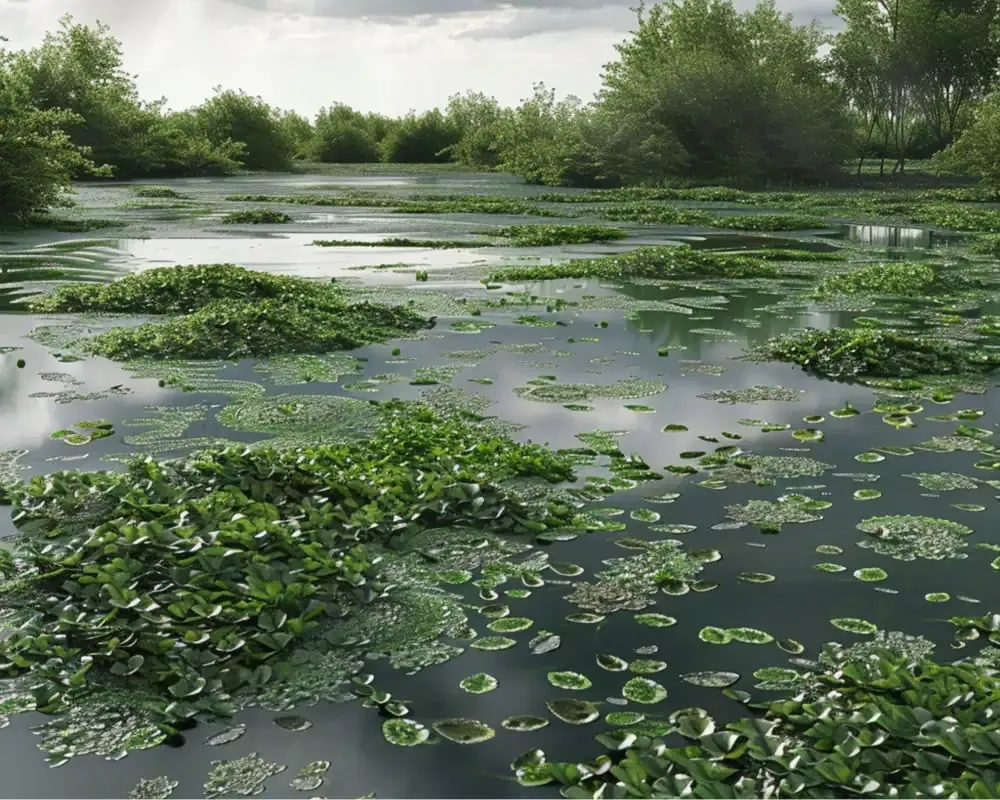 A serene lake with Salvinia molesta aquatic plants floating on the surface, surrounded by lush trees under a cloudy sky, is occasionally disrupted by patches of invasive weed.