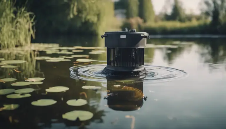 A black floating device is situated on a pond with lily pads and surrounded by greenery in the background.