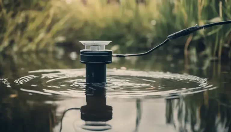 A black water sensor device with a clear top floats in a body of water, with ripples extending outward and surrounding vegetation in the background.