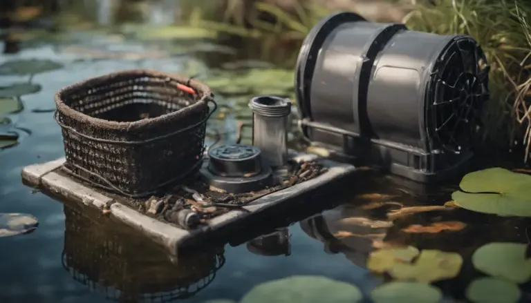 A small water filtration system with a black basket and cylindrical equipment floats on a pond surrounded by green lily pads.