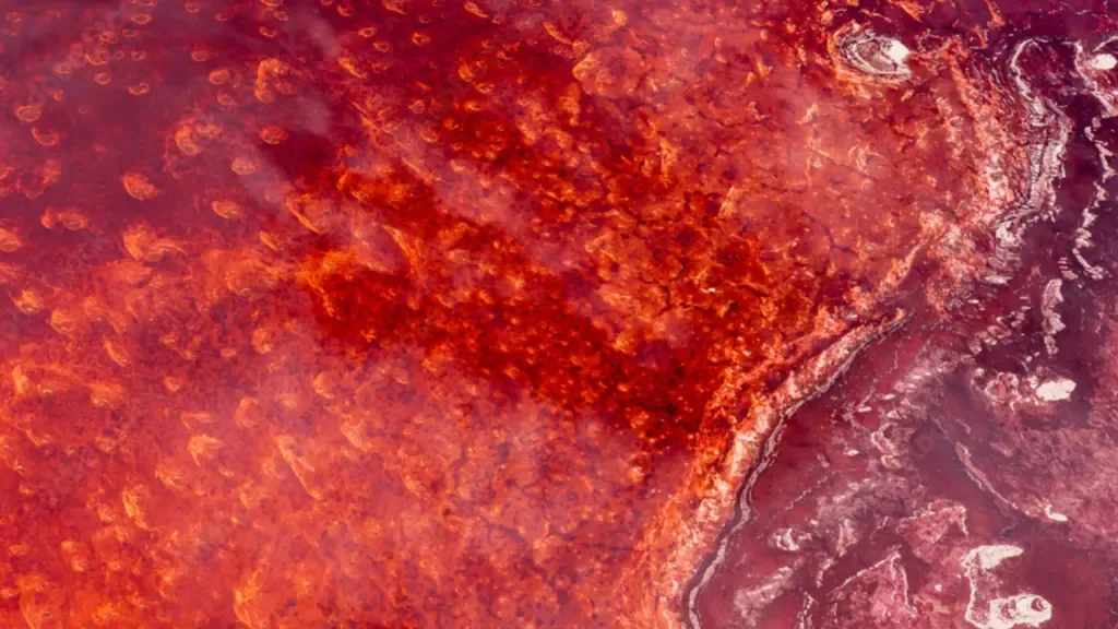 Aerial view of a strikingly red, rust-colored landscape showing patterns and textures, with a contrasting lighter area along the bottom right edge. The vibrant colors guide your eyes across the terrain, revealing where Algae may be thriving amidst the rugged beauty.