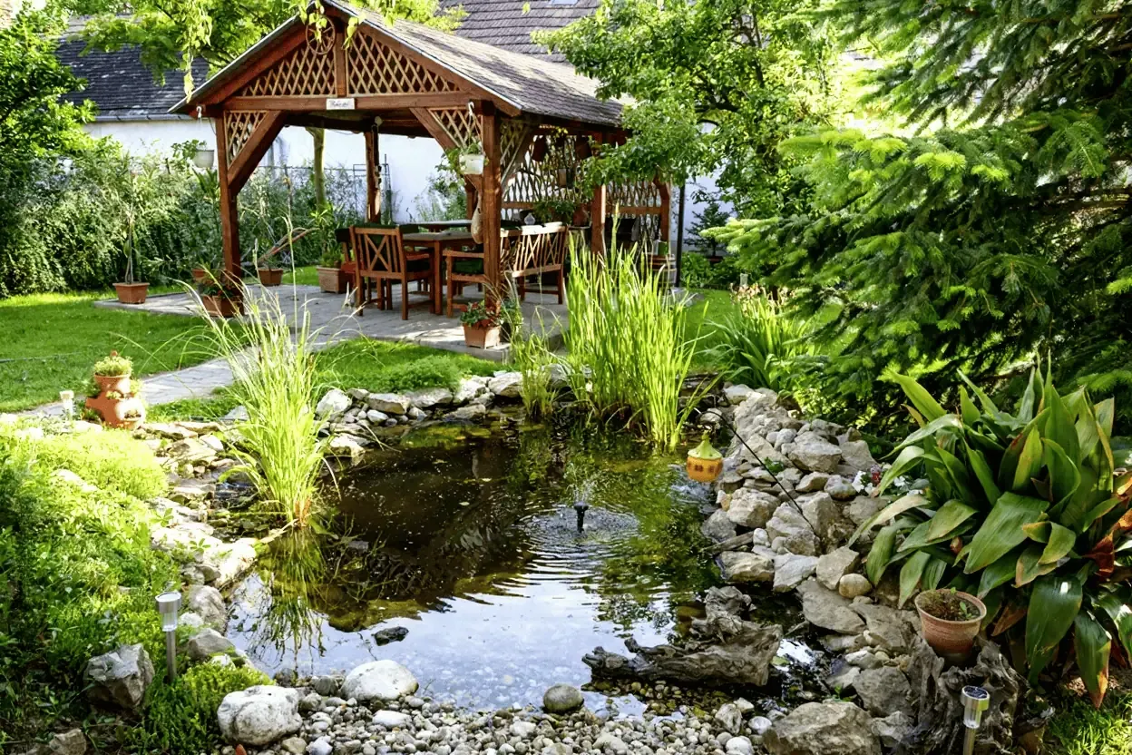 A small California garden pond with rocks and tall plants is in the foreground, while a wooden gazebo and outdoor furniture surrounded by greenery await in the background—perfect for relaxing or trying DIY algae control.