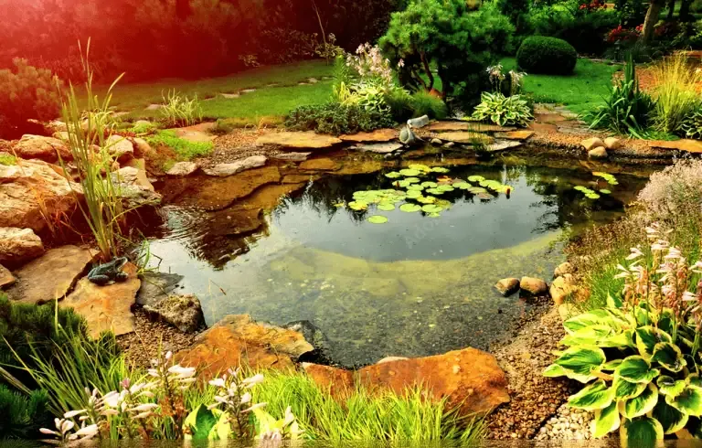 A small garden pond with lily pads, surrounded by rocks, green plants, and flowers, set in a landscaped yard under sunlight—perfect for relaxing and easy fall pond care to prevent muck and keep your pond beautiful year-round.