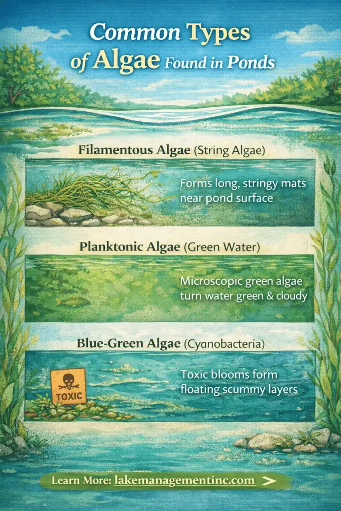 Illustration showing three types of pond algae often seen in California: filamentous (stringy mats), planktonic (green water), and blue-green (toxic, scummy layers) commonly linked to pond algae blooms.