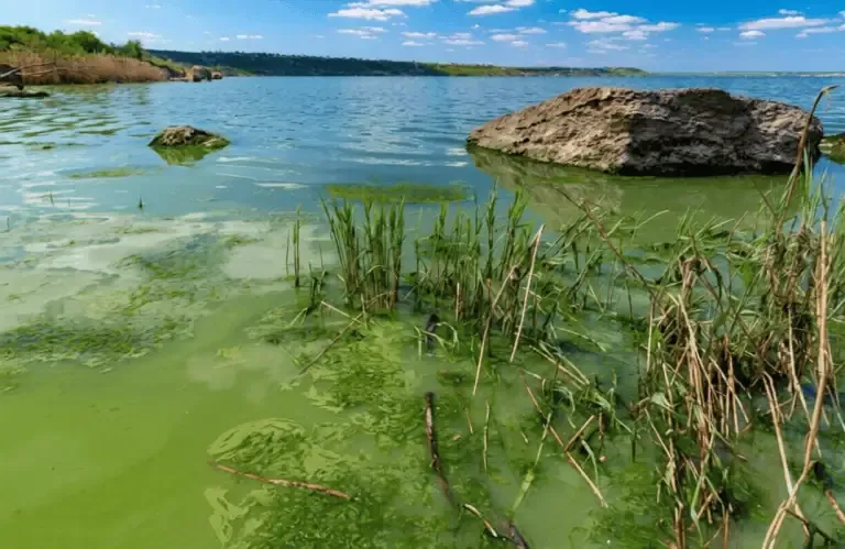 A California lake shoreline with rocks and reeds is covered in green pond algae blooms under a partly cloudy sky.