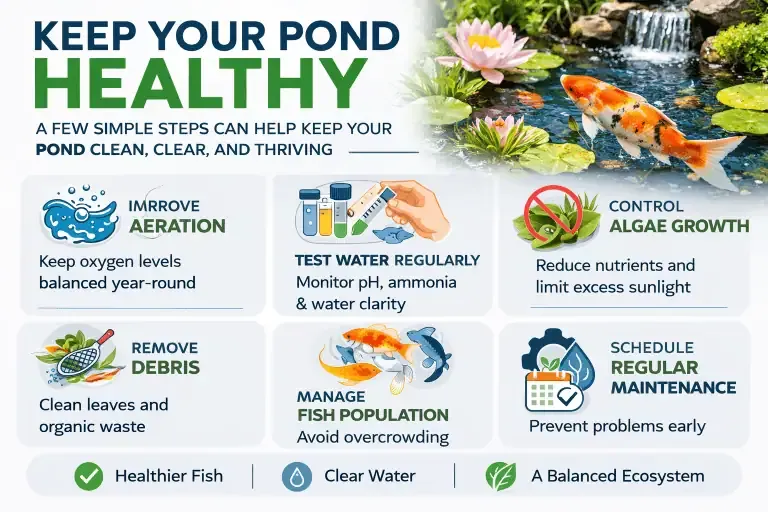 Infographic with tips to keep a pond healthy, prevent fish death, and address common backyard pond causes. Includes advice on aeration, water testing, algae control, debris removal, fish management, maintenance scheduling. Icons and a koi fish shown.