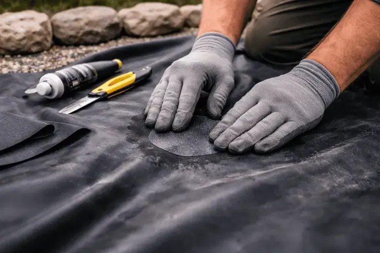 Person wearing gray gloves applies a patch to a rubber pond liner, demonstrating pond liner durability; tools and adhesive tube rest nearby on the liner surface.