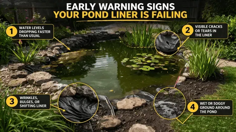 A backyard pond with highlighted signs of poor pond liner durability: dropping water levels, visible liner cracks, wrinkles or bulges in the liner, and wet or soggy ground around the pond.