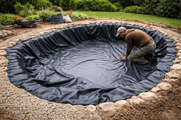A person installs a black pond liner inside a stone-bordered excavation in a garden setting, preparing the area for a backyard pond and ensuring long-term use thanks to the pond liner’s durability.
