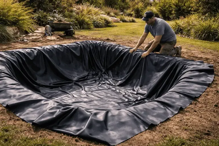 A person installs a black pond liner into a dug-out area in a garden, with a wheelbarrow and plants visible in the background, considering pond liner durability for long-lasting results.