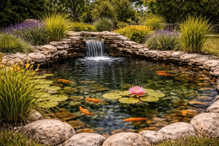 A small garden pond with a stone border, water lilies, orange fish, and a small waterfall—crafted for lasting beauty thanks to excellent pond liner durability—surrounded by green plants and flowering shrubs.