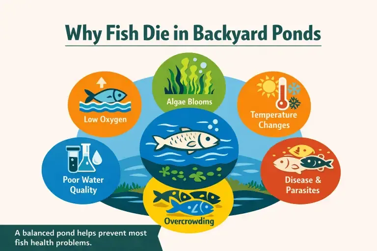Infographic showing six reasons fish die in ponds: low oxygen, algae blooms, temperature changes, poor water quality, disease and parasites, and overcrowding—highlighting key factors in pond fish health.